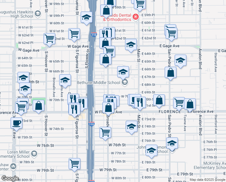 map of restaurants, bars, coffee shops, grocery stores, and more near 244 West 69th Street in Los Angeles