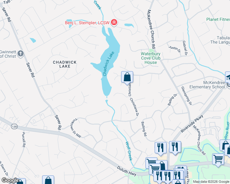 map of restaurants, bars, coffee shops, grocery stores, and more near 1228 Christiana Crossing in Lawrenceville