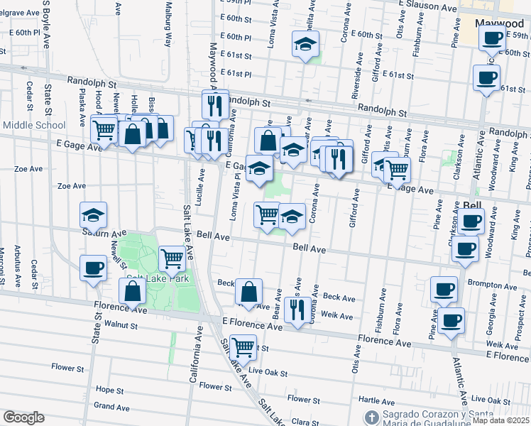 map of restaurants, bars, coffee shops, grocery stores, and more near 6614 Orchard Avenue in Bell
