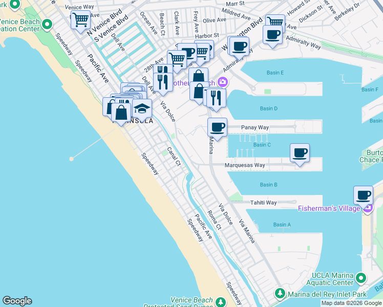 map of restaurants, bars, coffee shops, grocery stores, and more near 3516 Via Dolce in Marina del Rey