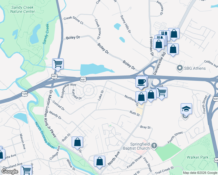 map of restaurants, bars, coffee shops, grocery stores, and more near 290 Northside Drive in Athens