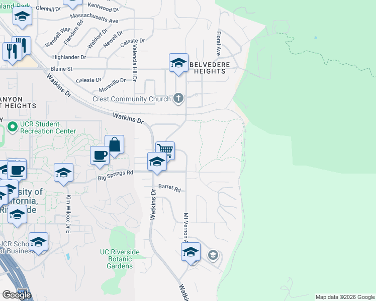 map of restaurants, bars, coffee shops, grocery stores, and more near 3716 Mount Vernon Avenue in Riverside