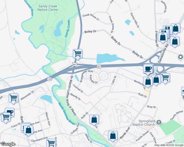map of restaurants, bars, coffee shops, grocery stores, and more near 121 Katydid Drive in Athens