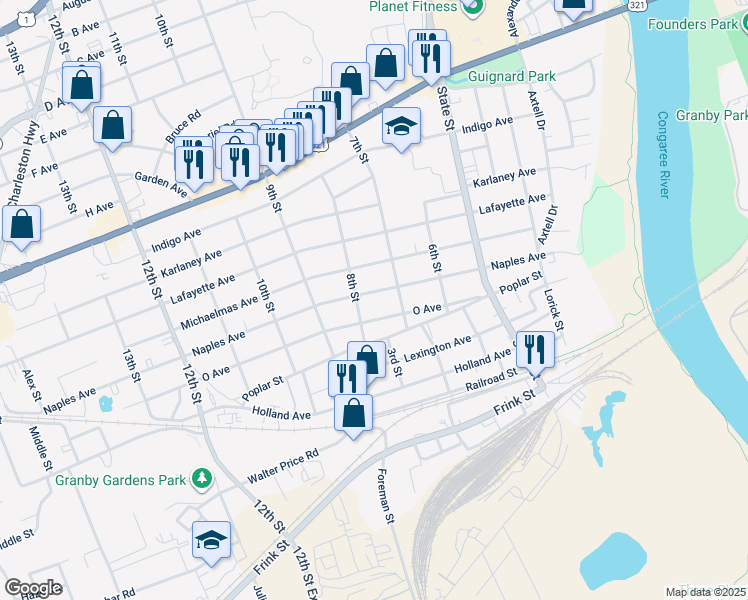 map of restaurants, bars, coffee shops, grocery stores, and more near 719 Oakland Avenue in Cayce