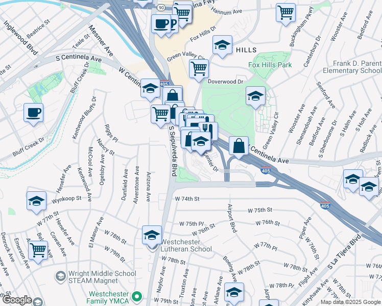 map of restaurants, bars, coffee shops, grocery stores, and more near 6100 Center Drive in Los Angeles