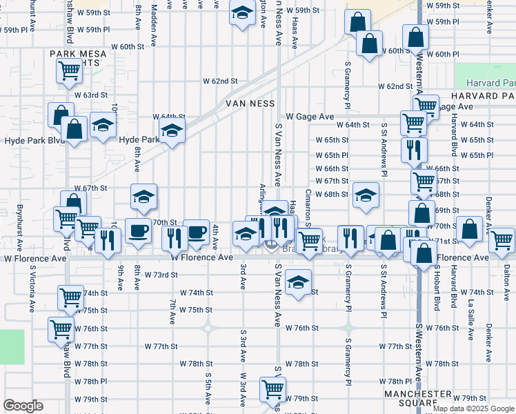 map of restaurants, bars, coffee shops, grocery stores, and more near 6735 Arlington Avenue in Los Angeles