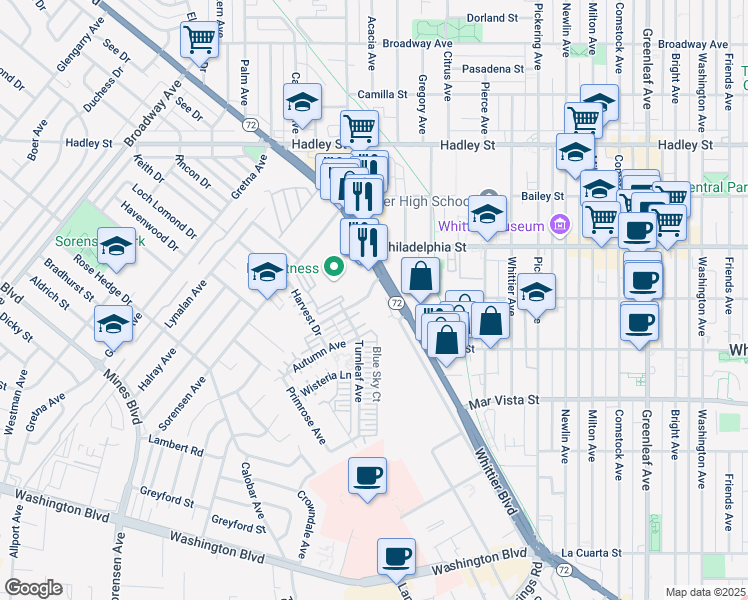 map of restaurants, bars, coffee shops, grocery stores, and more near 12090 Whittier Boulevard in Whittier