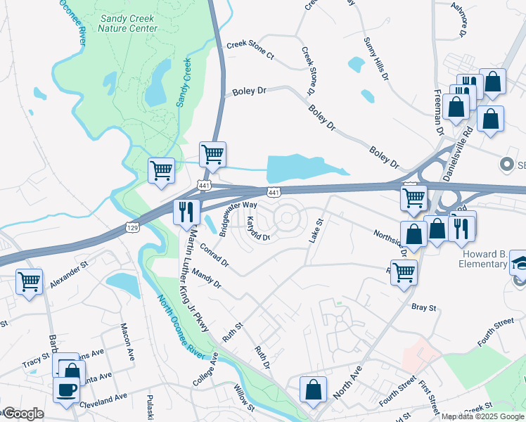 map of restaurants, bars, coffee shops, grocery stores, and more near 440 Bridgewater Way in Athens
