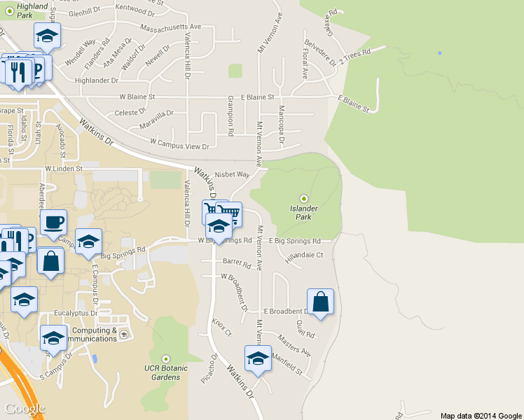 map of restaurants, bars, coffee shops, grocery stores, and more near 3716 Mount Vernon Avenue in Riverside