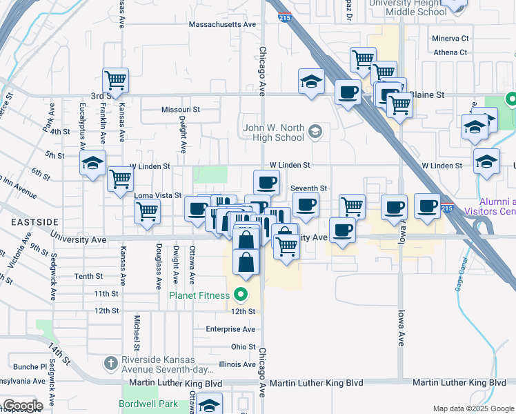 map of restaurants, bars, coffee shops, grocery stores, and more near 1744 Seventh Street in Riverside