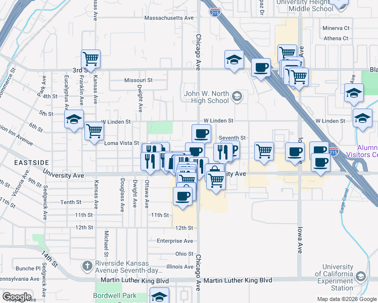 map of restaurants, bars, coffee shops, grocery stores, and more near 1744 Seventh Street in Riverside