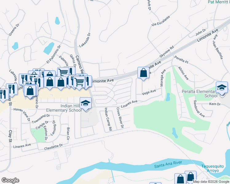 map of restaurants, bars, coffee shops, grocery stores, and more near 6130 Camino Real in Jurupa Valley