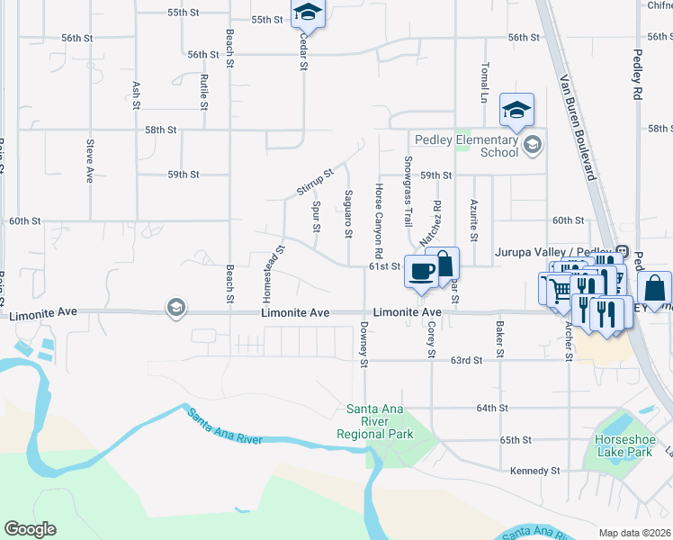map of restaurants, bars, coffee shops, grocery stores, and more near 9461 Corral Street in Riverside