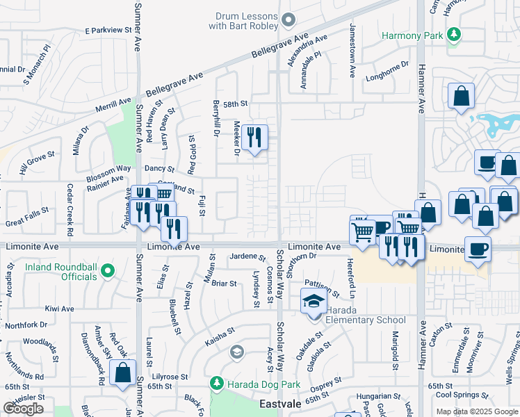 map of restaurants, bars, coffee shops, grocery stores, and more near 6118 Rosewood Way in Corona