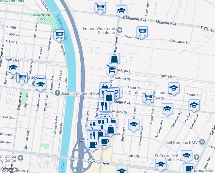 map of restaurants, bars, coffee shops, grocery stores, and more near 6333 Eastern Avenue in Bell Gardens