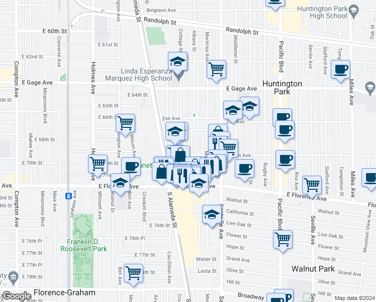 map of restaurants, bars, coffee shops, grocery stores, and more near 6911 Albany Street in Huntington Park