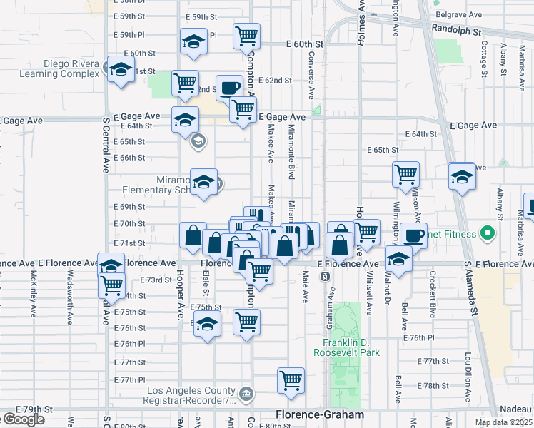 map of restaurants, bars, coffee shops, grocery stores, and more near 1529 East 70th Street in Los Angeles