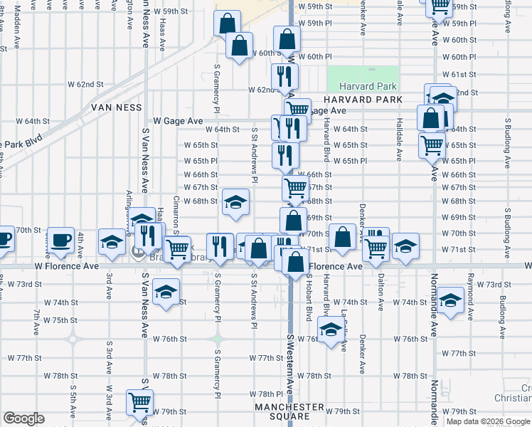 map of restaurants, bars, coffee shops, grocery stores, and more near 1861 West 70th Street in Los Angeles