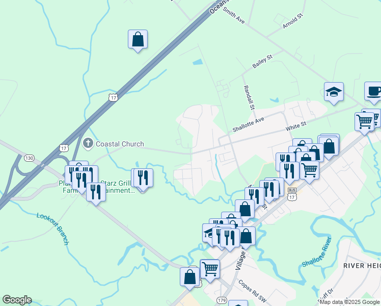 map of restaurants, bars, coffee shops, grocery stores, and more near Whippoorwill Ln in Shallotte