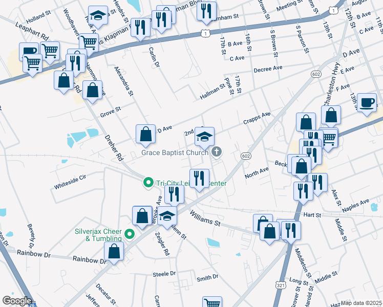 map of restaurants, bars, coffee shops, grocery stores, and more near 419 Taylor Street in West Columbia