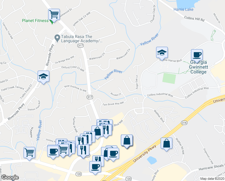 map of restaurants, bars, coffee shops, grocery stores, and more near 554 Rivulett Court in Lawrenceville