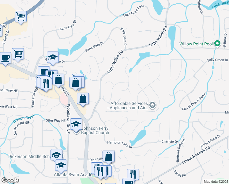 map of restaurants, bars, coffee shops, grocery stores, and more near 1154 Clarendon Drive in Marietta