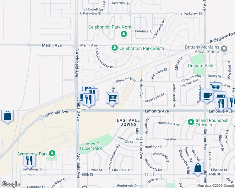 map of restaurants, bars, coffee shops, grocery stores, and more near 6006 Sendero Avenue in Eastvale