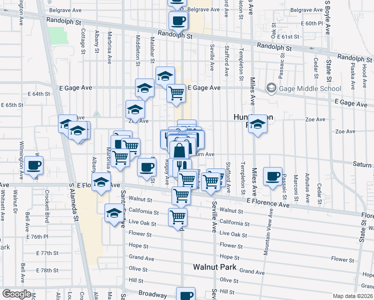 map of restaurants, bars, coffee shops, grocery stores, and more near 6913 Pacific Boulevard in Huntington Park