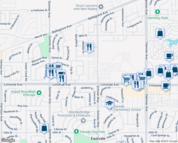 map of restaurants, bars, coffee shops, grocery stores, and more near 6075 Rosewood Way in Eastvale
