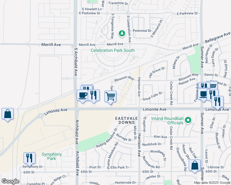 map of restaurants, bars, coffee shops, grocery stores, and more near 6006 Sendero Avenue in Eastvale