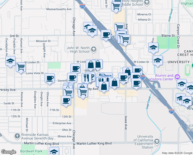 map of restaurants, bars, coffee shops, grocery stores, and more near 3689 Cranford Avenue in Riverside