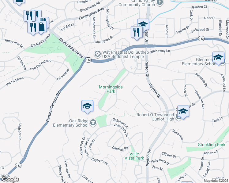 map of restaurants, bars, coffee shops, grocery stores, and more near 3204 Moonlight Court in Chino Hills