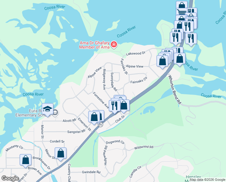map of restaurants, bars, coffee shops, grocery stores, and more near 128 Ridgeway Avenue in Gadsden