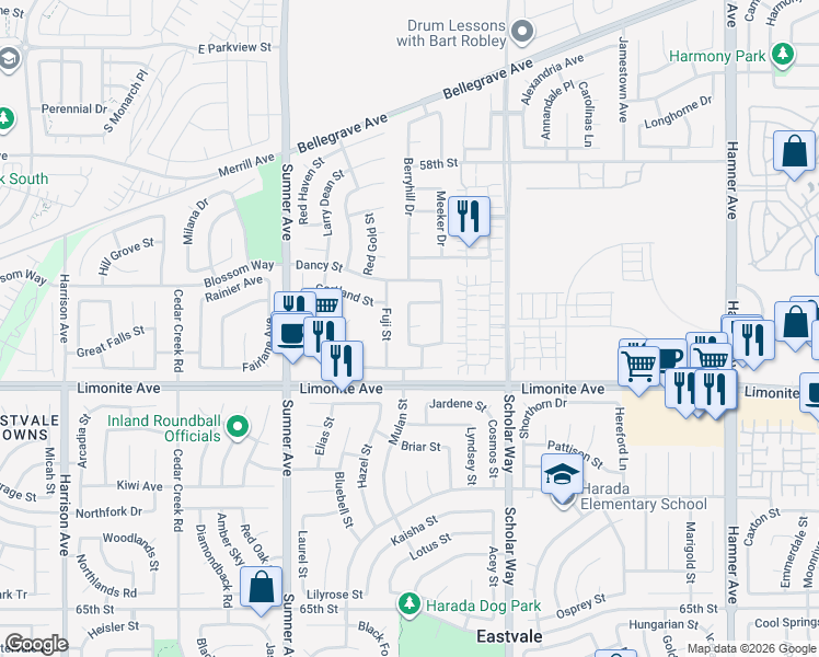 map of restaurants, bars, coffee shops, grocery stores, and more near Flagstaff Drive in Eastvale