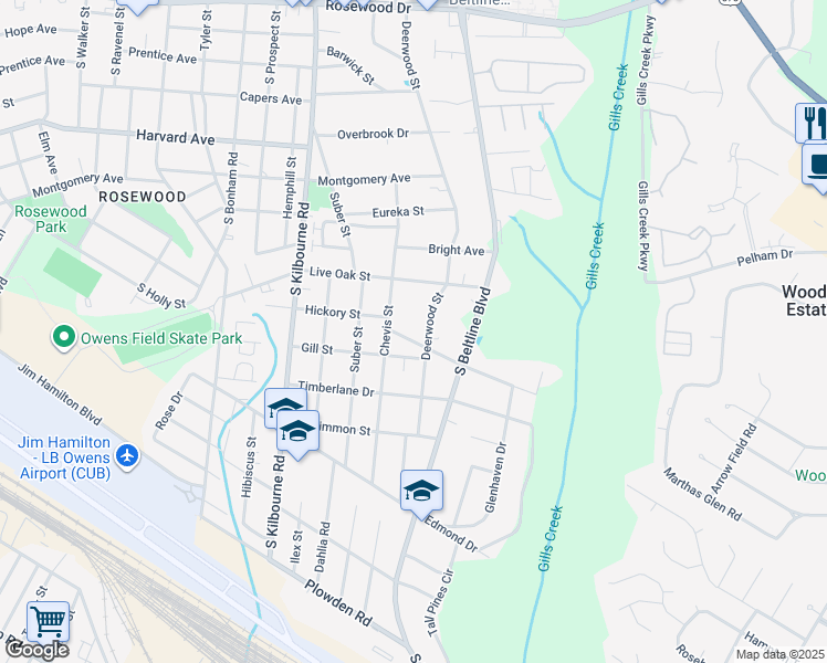 map of restaurants, bars, coffee shops, grocery stores, and more near 3943 Hickory Street in Columbia