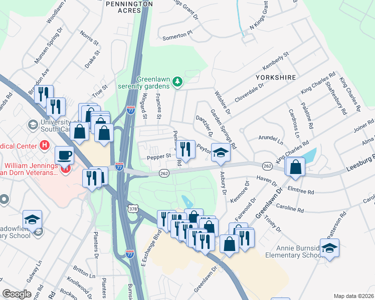map of restaurants, bars, coffee shops, grocery stores, and more near 59 Garner Springs Court in Columbia