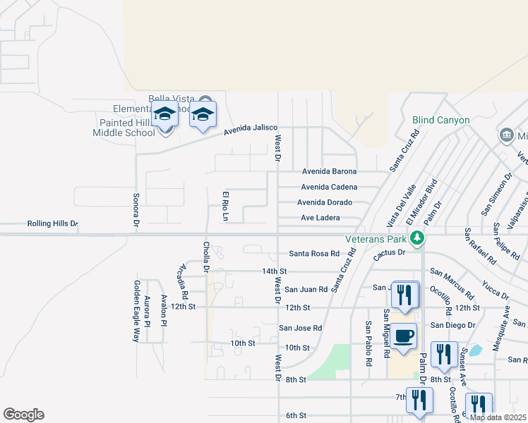 map of restaurants, bars, coffee shops, grocery stores, and more near 65949 Avenida Dorado in Desert Hot Springs