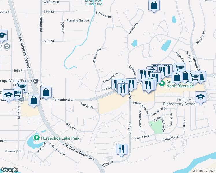 map of restaurants, bars, coffee shops, grocery stores, and more near 8333 Yearling Way in Riverside