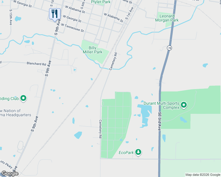 map of restaurants, bars, coffee shops, grocery stores, and more near 1620 Cemetery Road in Durant