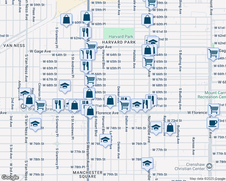 map of restaurants, bars, coffee shops, grocery stores, and more near 1623 West 69th Street in Los Angeles