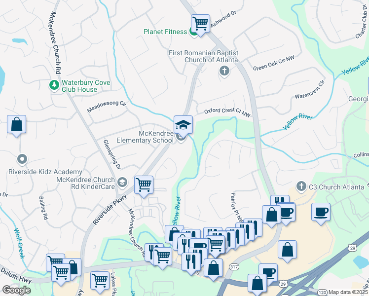 map of restaurants, bars, coffee shops, grocery stores, and more near 1600 Riverside Parkway in Lawrenceville
