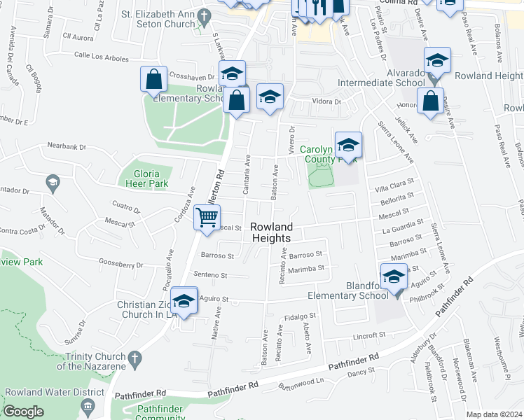map of restaurants, bars, coffee shops, grocery stores, and more near 2314 Felicia Avenue in Rowland Heights