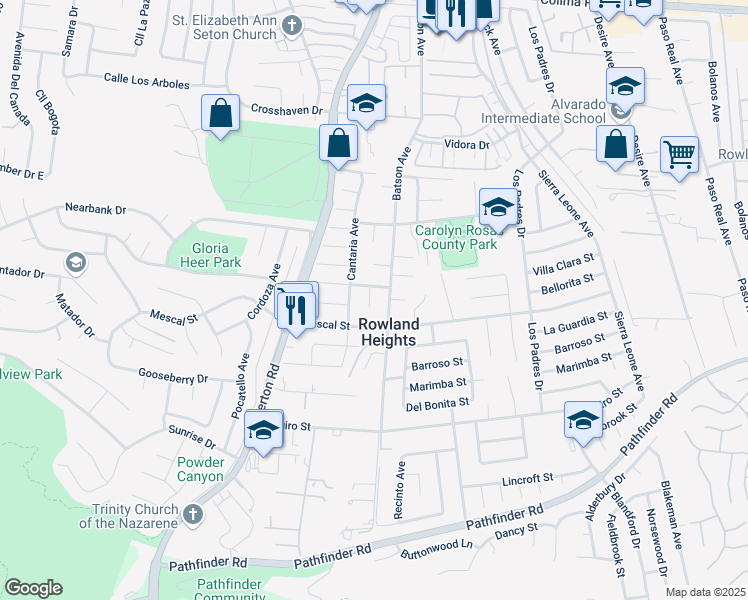 map of restaurants, bars, coffee shops, grocery stores, and more near 2314 Felicia Avenue in Rowland Heights