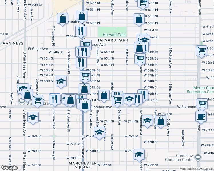 map of restaurants, bars, coffee shops, grocery stores, and more near 1623 West 69th Street in Los Angeles
