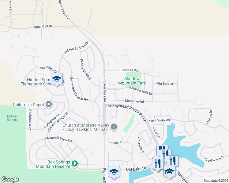 map of restaurants, bars, coffee shops, grocery stores, and more near 23062 Cotati Court in Moreno Valley