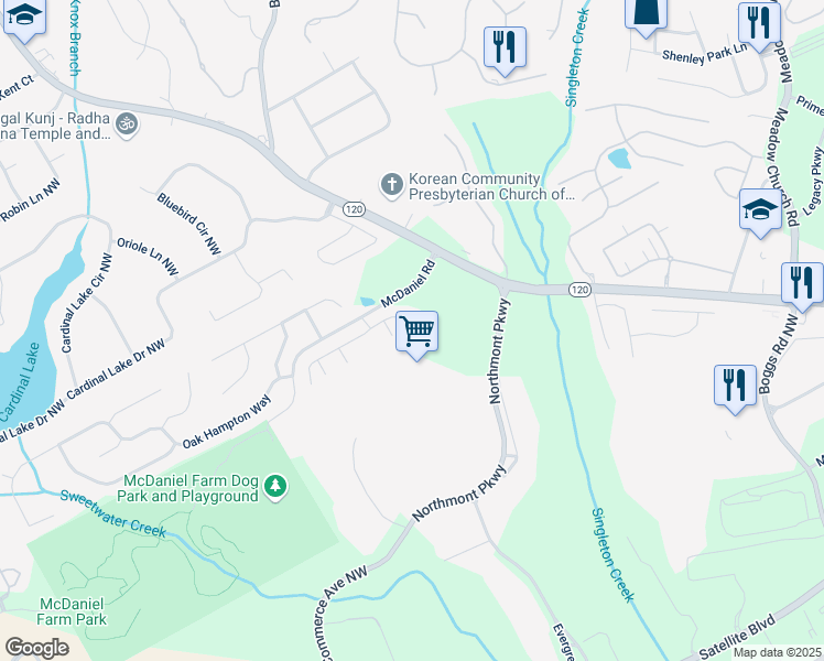 map of restaurants, bars, coffee shops, grocery stores, and more near 2822 Salem Oak Way in Duluth