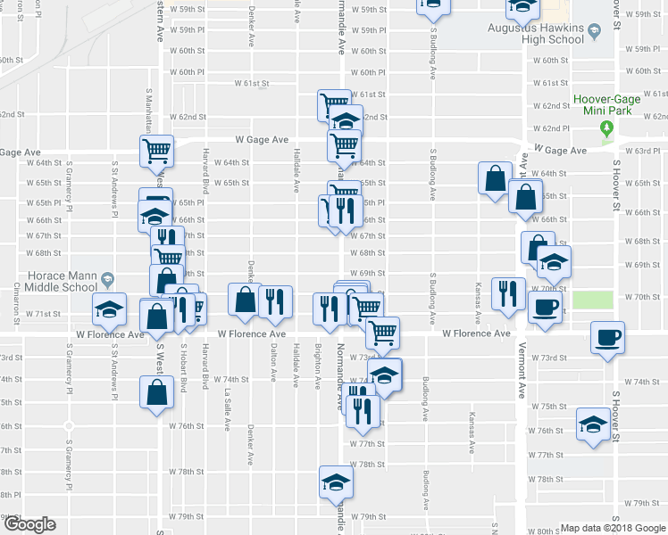 map of restaurants, bars, coffee shops, grocery stores, and more near 1411 West 69th Street in Los Angeles