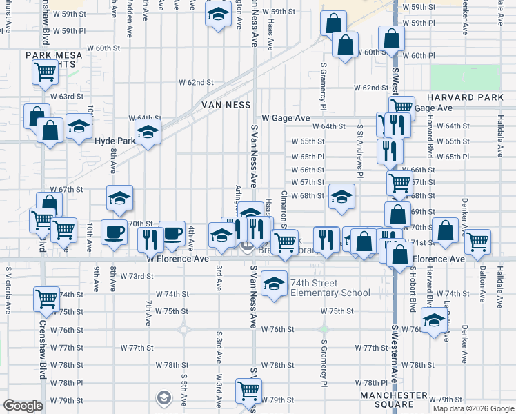 map of restaurants, bars, coffee shops, grocery stores, and more near 6820 South Van Ness Avenue in Los Angeles