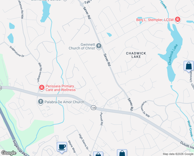 map of restaurants, bars, coffee shops, grocery stores, and more near 1437 Sartor Circle Northwest in Lawrenceville
