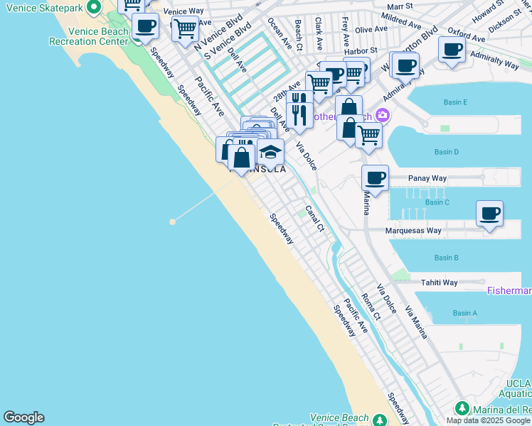 map of restaurants, bars, coffee shops, grocery stores, and more near 10 Speedway in Marina del Rey
